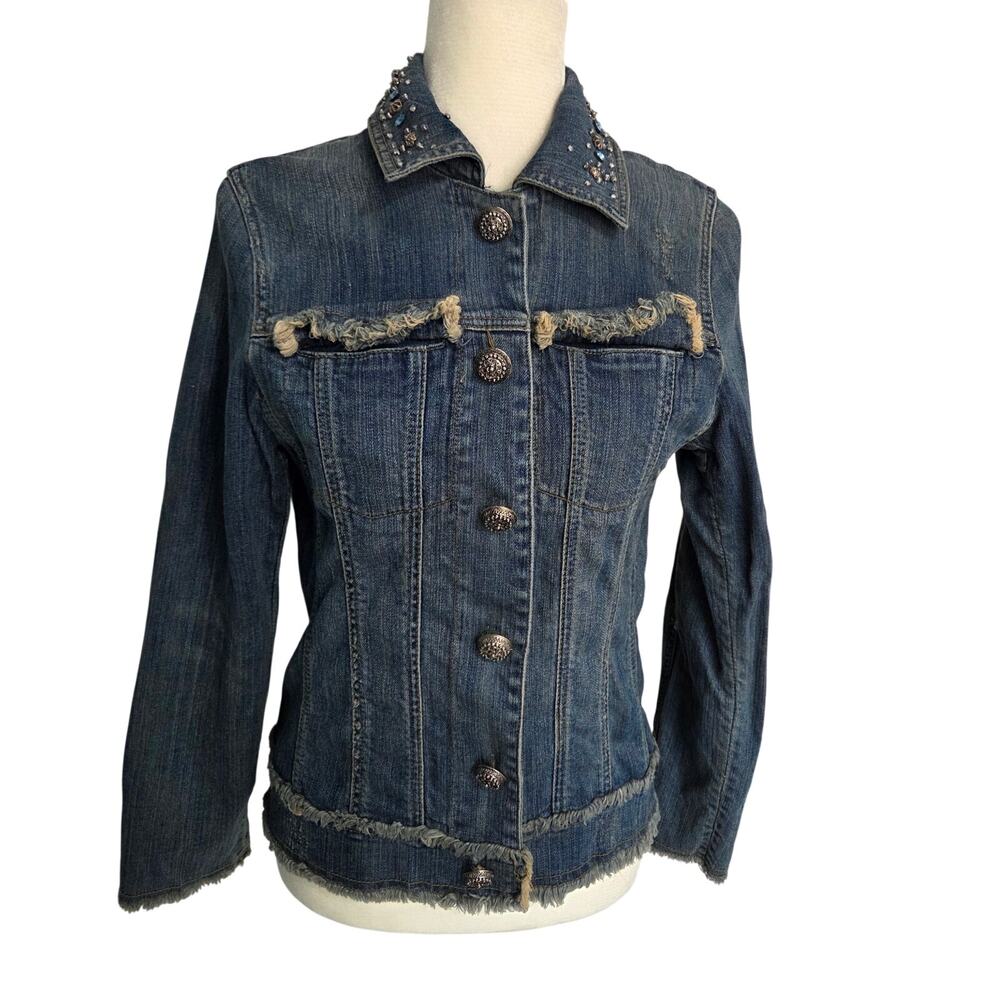 Motto Brand Denim Jean Jacket Rhinestones Frayed Hem Women's Size XS